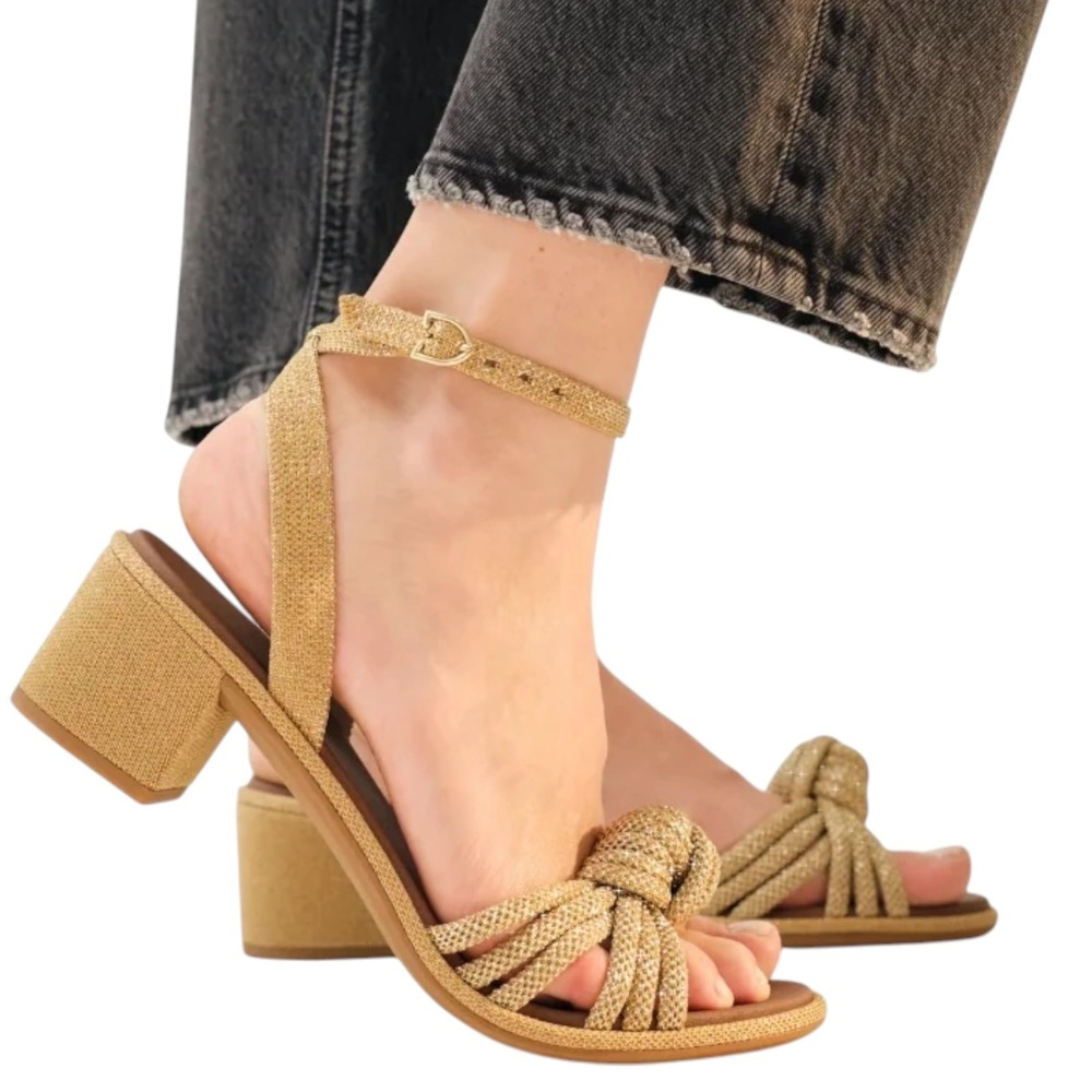 Rothy's The Knot Sandal Heels Shoes Gold Metallic Sustainable Block Heel 7M